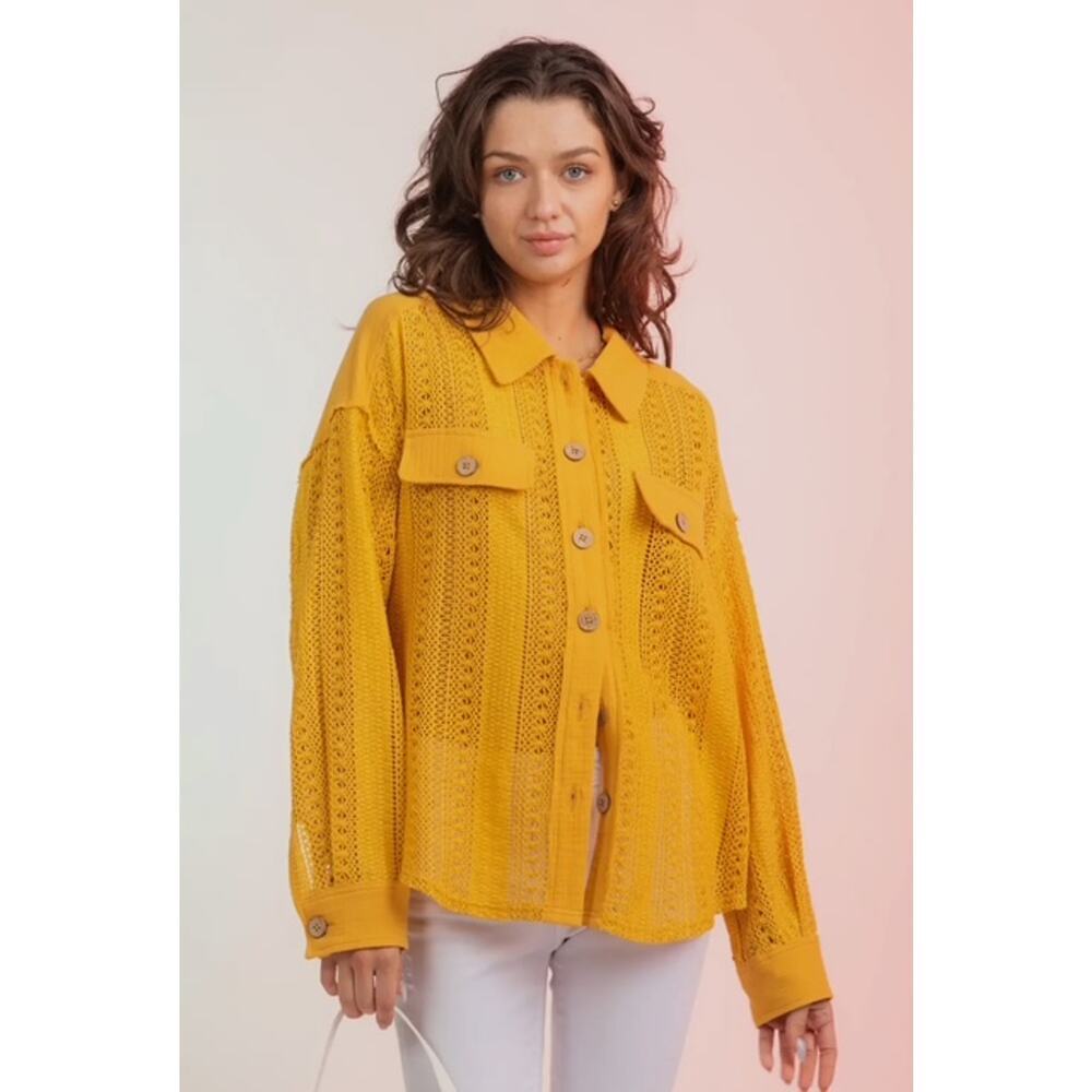 Very J - Lace Crochet Button Down Sheer Shacket - Medium